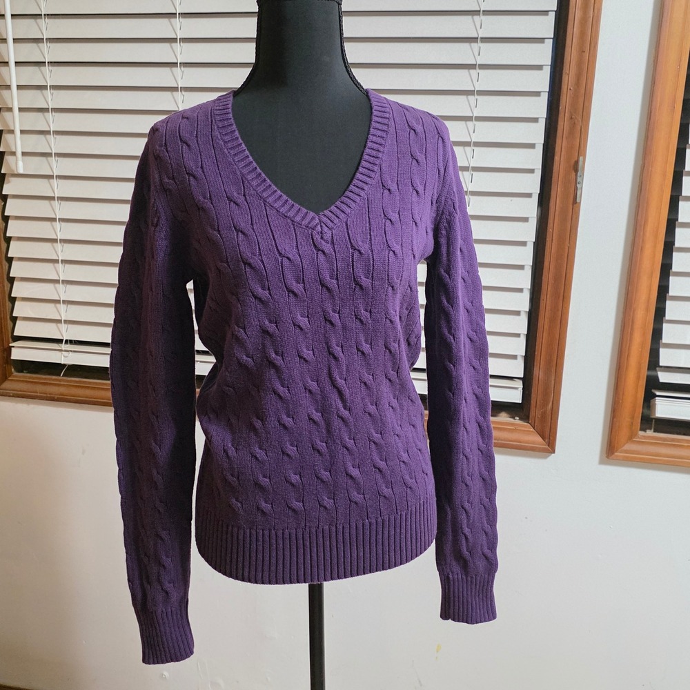 Tommy Hilfiger Purple Cable Knit V-Neck Cotton Sweater Womens Medium